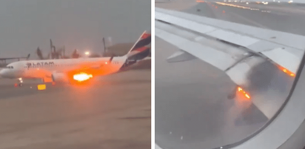 Turbina de avião da Latam pega fogo antes de decolagem em aeroporto no Peru